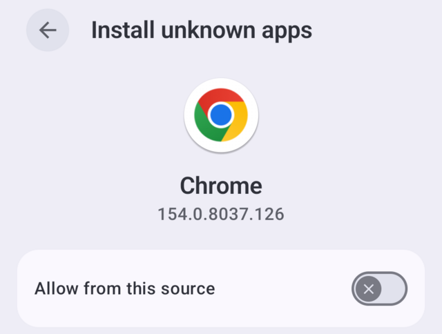 The Install unknown apps screen for Chrome, with the Allow from this source switch