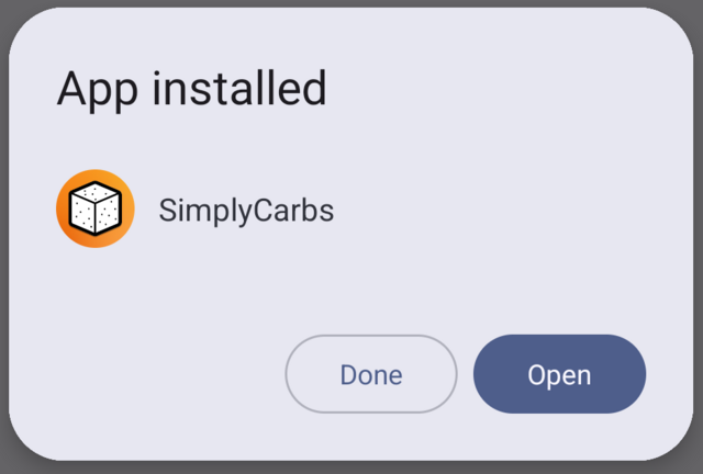 The App installed dialog, with an Open button