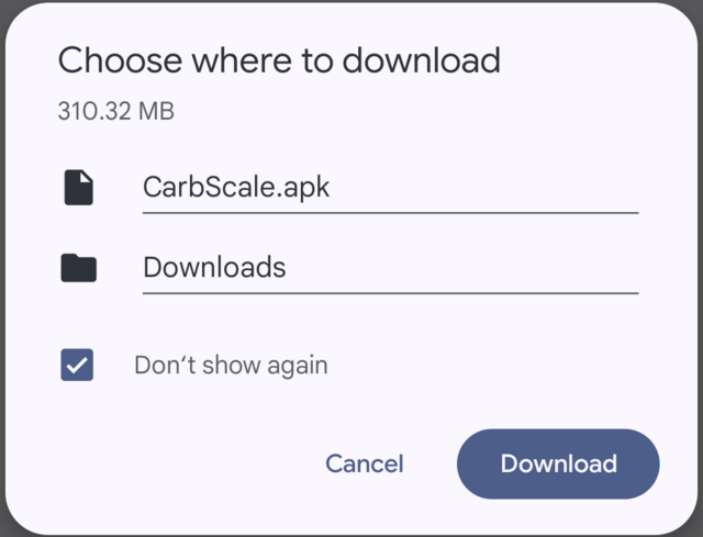 Chrome's Choose where to download dialog, with a Download button