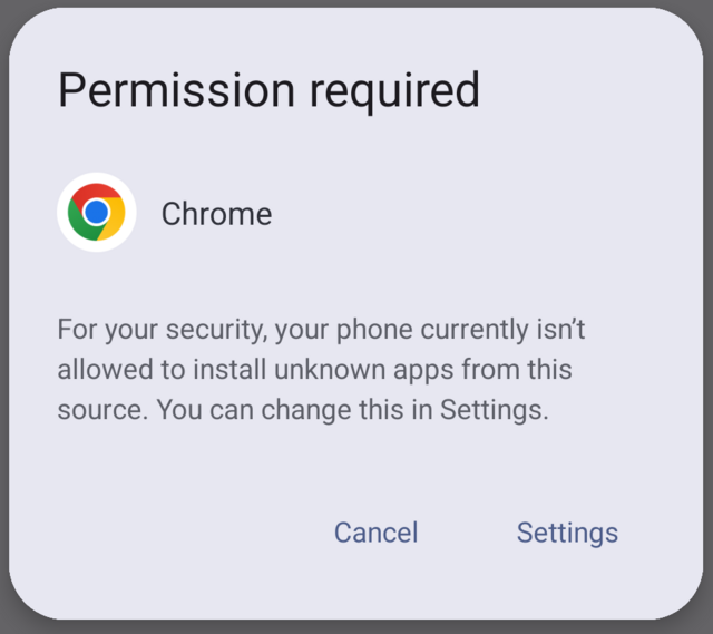 The Permission required dialog, with a Settings button